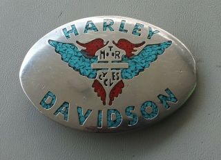 Vintage Harley Davidson Turquoise And Coral Belt Buckle