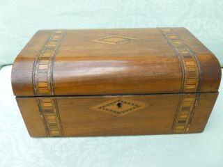Victorian Domed Lid Fine Marquetry Wooden Sewing Work Box Silk Fittings