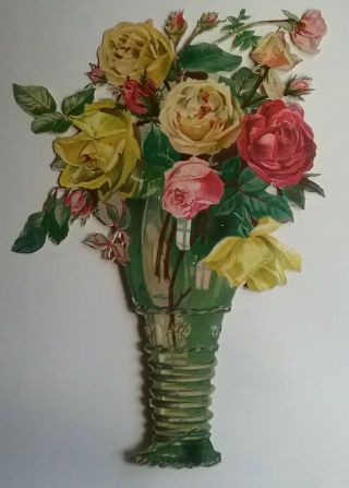 Very Large Antique Embos.  Victorian Scrap.  Vase Of Roses.  Approx.  25x18cms