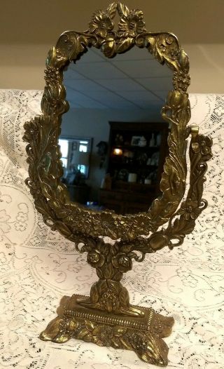Vintage Victorian Swivel Tilt Vanity Mirror Cast Iron Gold Ornate Footed Bwmc