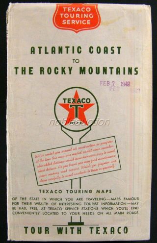 Texaco Oil Touring Service Trip Map 1949 Atlantic Coast To Rocky Mountains