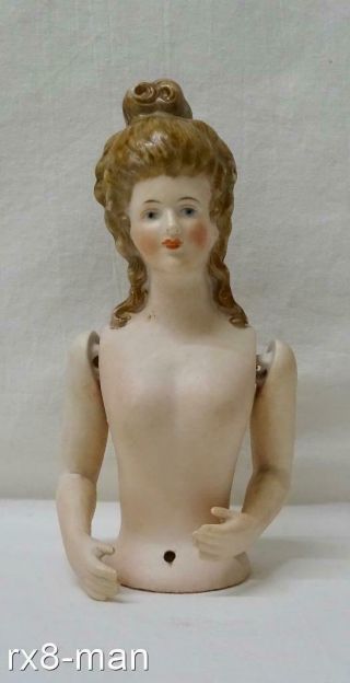 Rare Antique Nude Porcelain Half Doll Pin Cushion Figurine With Articulated Arms