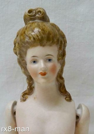 RARE ANTIQUE NUDE PORCELAIN HALF DOLL PIN CUSHION FIGURINE WITH ARTICULATED ARMS 2