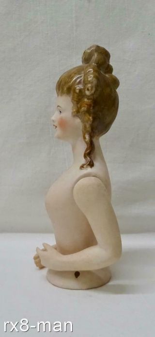 RARE ANTIQUE NUDE PORCELAIN HALF DOLL PIN CUSHION FIGURINE WITH ARTICULATED ARMS 3