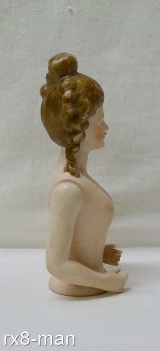 RARE ANTIQUE NUDE PORCELAIN HALF DOLL PIN CUSHION FIGURINE WITH ARTICULATED ARMS 5