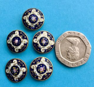 5 x 14mm Antique French Floral Enamel Buttons,  Blue/Cream/Pink 2