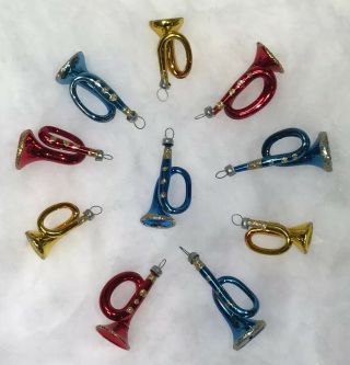 Vintage Christmas Tree Ornaments 10 Horns Blue Red Gold Glitter 1.  5” - 2.  25”