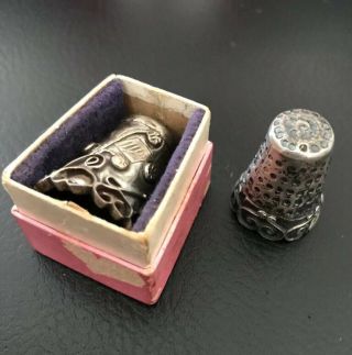 Vintage Pair Sterling Silver Thimbles Ornate Scrolls Marked Box