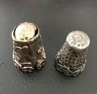 Vintage Pair Sterling Silver Thimbles Ornate Scrolls Marked box 2