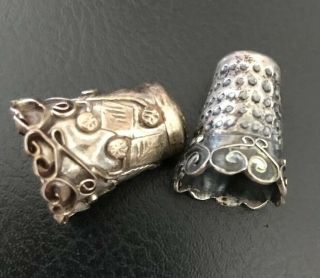 Vintage Pair Sterling Silver Thimbles Ornate Scrolls Marked box 3