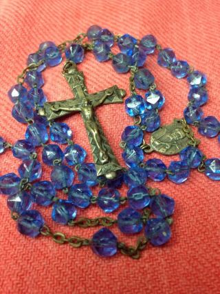 Vintage Italian St Vincent De Paul/our Lady Of Angles Cobalt Blue Glass Rosary.