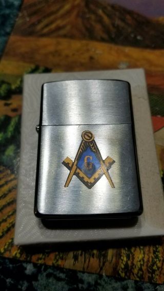 Rare 1972 Zippo Lighter: Painted Masonic Compass And Square Emblem