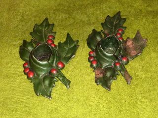 Antique Christmas Holly Leaf Berry Candle Holders Cast Iron Pat 