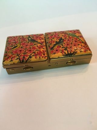 Vintage Gold Tone Pill Box Painted Enamel Flowers & Birds W/ Double Compartments