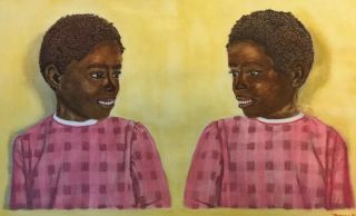 African American Folk Art Watercolor Painting African American Girls Twins