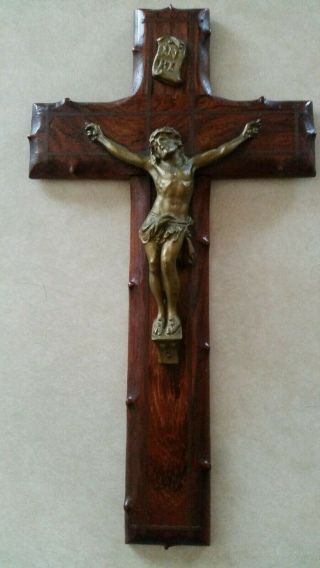 Antique Vintage 11 - 3/4 " Wall Crucifix Wood And Metal Made In France