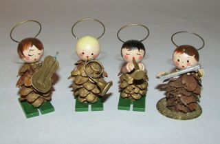 4 Vintage Christmas Pinecone & Wood Feri Italy Musicians W/instruments Figures