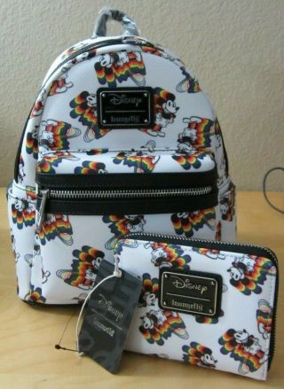 Nwt Loungefly Disney Mickey Mouse Rainbow Mini Backpack & Matching Wallet