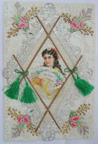 Victorian Paper Lace Antique Greeting Card Valentine Printed Lady With Fan C1870