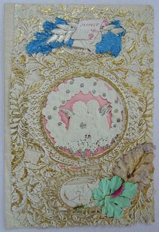 Victorian Paper Lace Antique Greeting Card Valentine Printed Cherubs Dated 1868