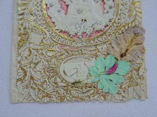 Victorian Paper Lace Antique Greeting Card Valentine Printed Cherubs Dated 1868 4