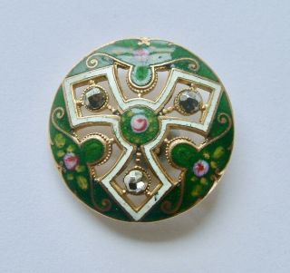 A 27mm Antique French Pierced Green Floral Enamel Button,  Cut Steels
