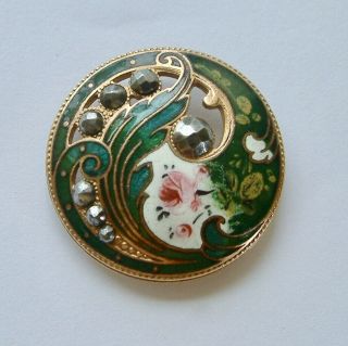 A 32mm (large) Antique French Pierced Green Floral Enamel Button,  Cut Steels