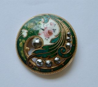 A 32mm (LARGE) Antique French Pierced Green Floral Enamel Button,  Cut Steels 5