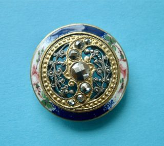 A 30mm Antique Blue Floral Enamel Button,  Cut Steels,  Filigree Metal Centre