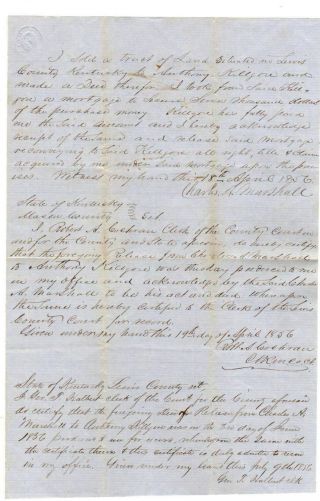 1856 Lewis County Kentucky Deed - Of - Release; Charles Marshall To Anthony Killgore