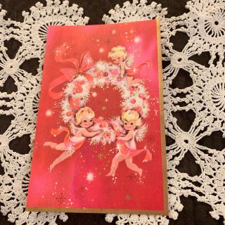 Vintage Greeting Card Christmas Cute Girls Cupid’s Angels White Wreath Pink
