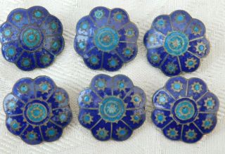 Lovely Vintage Set Of 6 Silver & Blue Enamel Fancy Button
