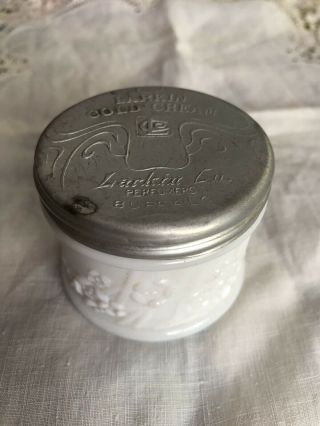 Vintage Larkin Cold Cream Milk Glass Jar W/aluminum Lid C.  1920’s