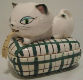 Old 1958 Holt Howard Ceramic Cozy Kitten Cat Tape Measure & Sewing Trinket Box