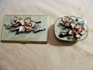 Vintage Pill Box And Business Card Holder Enamel And Rhinestones