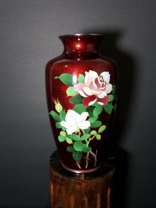 Vintage Red Japanese Cloisonne Ginbari Vase With Roses