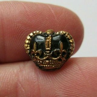 Exquisite Small Antique Vtg Black Glass Button Realistic Crown Gold Luster (j)