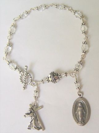 Ladies Sterling Silver Crystal Rosary Bracelet,  Jesus Carrying Cross Charm