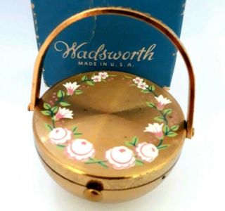 Vintage Wadsworth Figural Flower Basket Shaped Powder Compact.  Nib