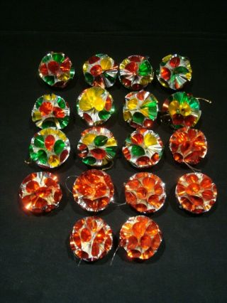 18 Vintage Red Green Yellow Xmas Pom Pom Rolled Aluminum Foil Tinsel Ornaments