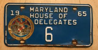 1965 Maryland House Of Delegates License Plate " 6 " Md 65