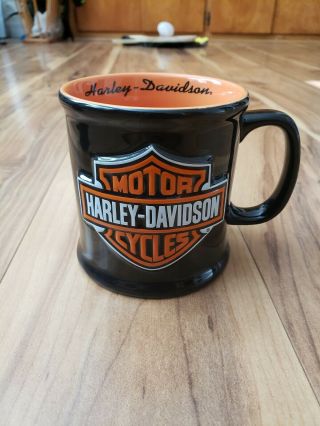 Vtg 2000 Raised Logo Harley Davidson Glossy Orange Black Coffee Mug