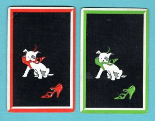 2 Single Swap Playing Cards Naughty Terrier Puppy Chews High Heel Deco Vintage