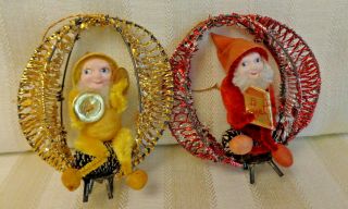 Set Of 2 Vintage Chenille Elves On Pinecones And Mylar Mesh Swings Ornaments