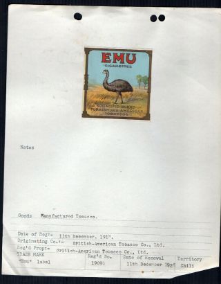 Empty Cigarette Tobacco Packet Registration Certificate 1918 Chili Emu 972
