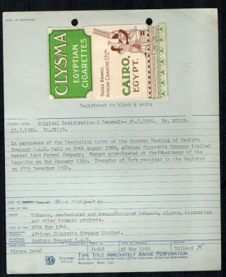 Empty Cigarette Tobacco Packet Registration Certificate 1906 Clysma Egypt 371