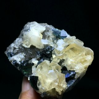 Dark Green/blue Cube Fluorite &yellow Flaky Fluorescent Calcite Crystal Clusters