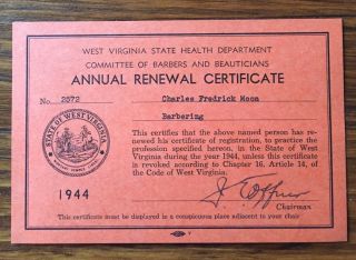 Vintage 1944 Keyser West Virginia Wv Barbers Certificate License " Charles Moon "