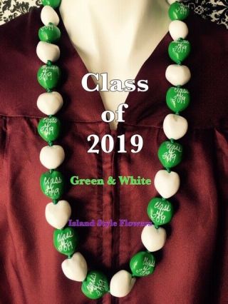 Hawaiian Kukui Nut Lei Class Of 2019 Graduation Lei Necklace Green White Nwt