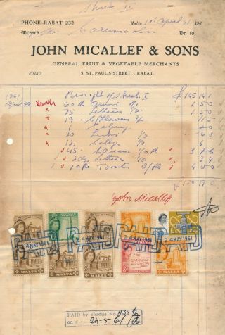 Malta 1961,  Invoice Document With 10 Postage Stamps As Revenues.  B12